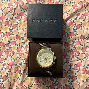 Michael Kors tortoise and gold chronograph chain link watch
